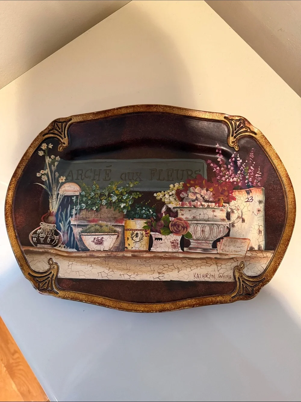 Hand-Painted Floral Wall Tray in Brown and Gold